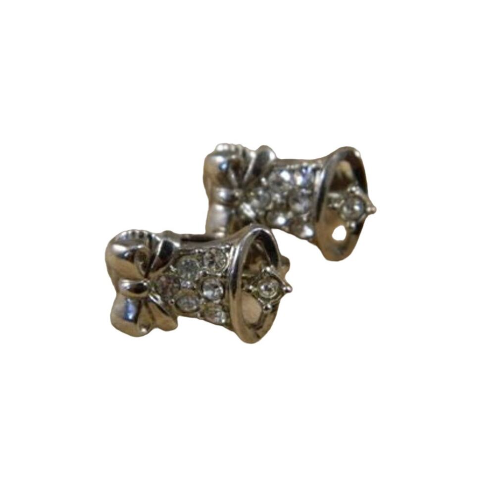 Clear Rhinestone Bell Earrings, Vintage Rhinestone Silver Bell Clip Earrings